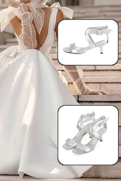 Dress sandals fully open cross straps in silver leather with medium spool heels and square toe - Worn view